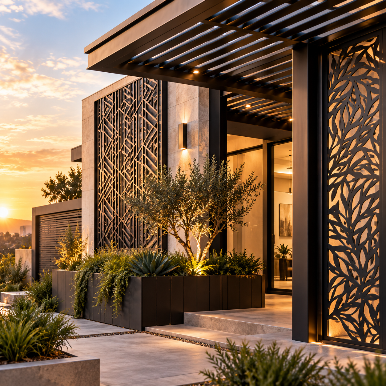 Elegante Fachada Moderna al Atardecer