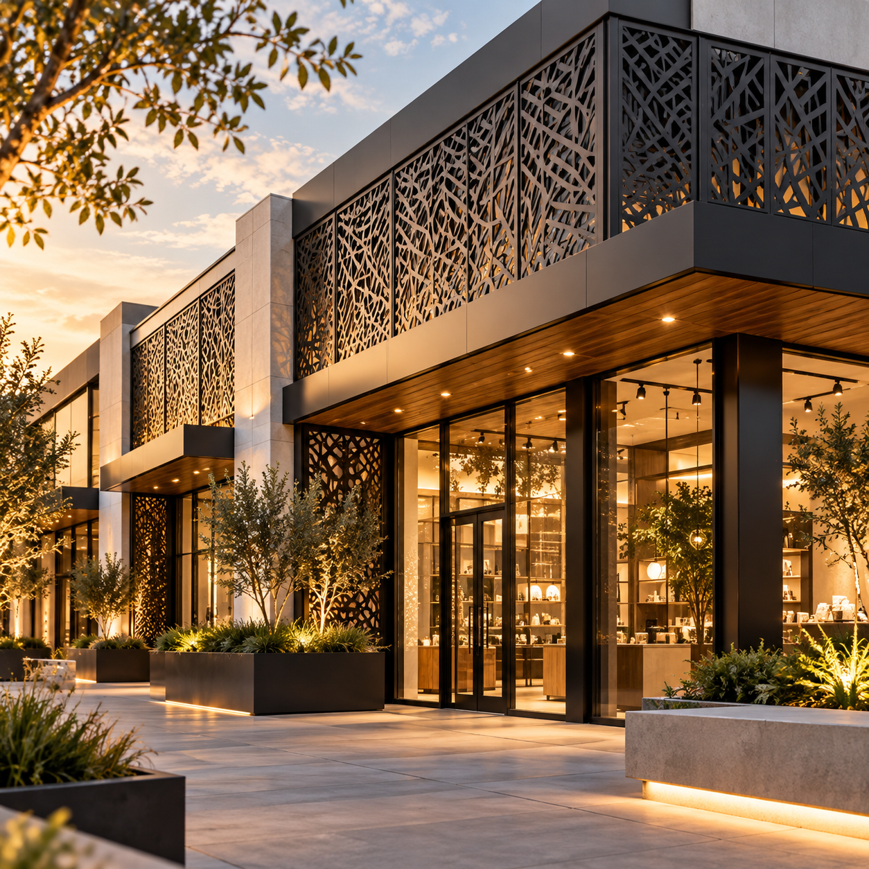 Fachada comercial moderna al atardecer